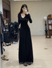 Women's Black Long Dress, V-Neck, Flared Long Sleeves and Shaped Waist