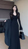 Women's Black Long Dress, V-Neck, Flared Long Sleeves and Shaped Waist