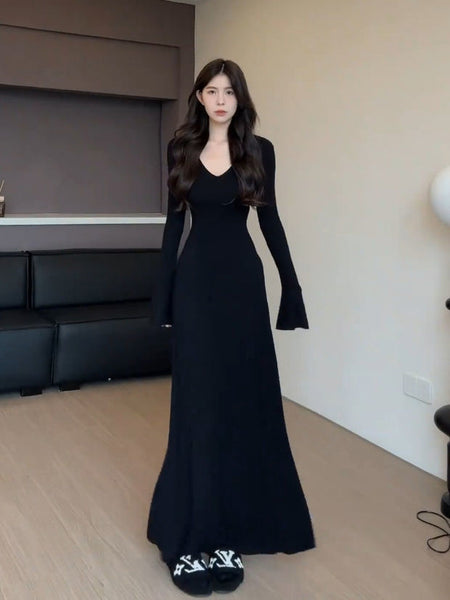 Women's Black Long Dress, V-Neck, Flared Long Sleeves and Shaped Waist