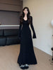 Women's Black Long Dress, V-Neck, Flared Long Sleeves and Shaped Waist