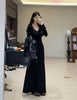 Women's Black Long Dress, V-Neck, Flared Long Sleeves and Shaped Waist