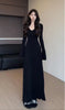Women's Black Long Dress, V-Neck, Flared Long Sleeves and Shaped Waist