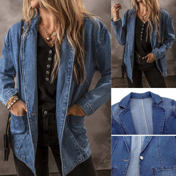 Women's Regular Fit Denim Cardigan with Suit Collar and Long Sleeves European and American Style for Summer in Solid Color