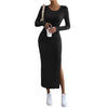 Women's Ribbed Knit Long Dress, Crew Neck, Long Sleeves and Split Hem