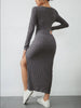 Women's Ribbed Knit Long Dress, Crew Neck, Long Sleeves and Split Hem