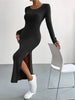 Women's Ribbed Knit Long Dress, Crew Neck, Long Sleeves and Split Hem