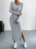 Women's Ribbed Knit Long Dress, Crew Neck, Long Sleeves and Split Hem