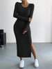 Women's Ribbed Knit Long Dress, Crew Neck, Long Sleeves and Split Hem