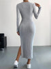 Women's Ribbed Knit Long Dress, Crew Neck, Long Sleeves and Split Hem