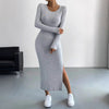 Women's Ribbed Knit Long Dress, Crew Neck, Long Sleeves and Split Hem