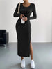 Women's Ribbed Knit Long Dress, Crew Neck, Long Sleeves and Split Hem