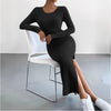Women's Ribbed Knit Long Dress, Crew Neck, Long Sleeves and Split Hem