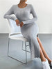 Women's Ribbed Knit Long Dress, Crew Neck, Long Sleeves and Split Hem