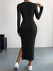 Women's Ribbed Knit Long Dress, Crew Neck, Long Sleeves and Split Hem