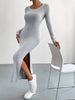 Women's Ribbed Knit Long Dress, Crew Neck, Long Sleeves and Split Hem