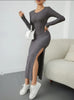 Women's Ribbed Knit Long Dress, Crew Neck, Long Sleeves and Split Hem