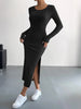 Women's Ribbed Knit Long Dress, Crew Neck, Long Sleeves and Split Hem