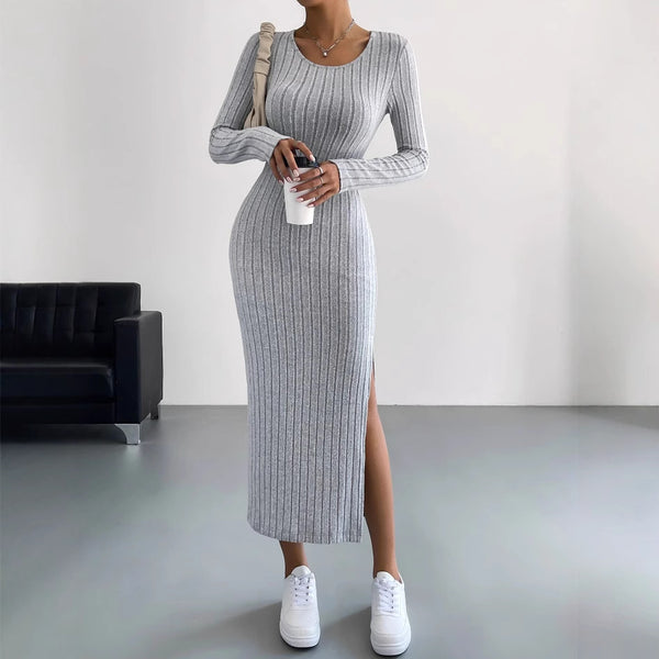 Women's Ribbed Knit Long Dress, Crew Neck, Long Sleeves and Split Hem