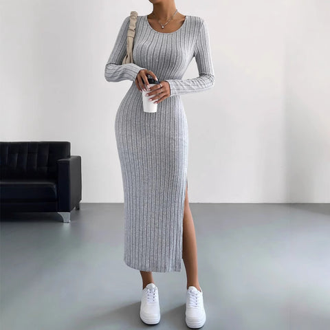 Women's Ribbed Knit Long Dress, Crew Neck, Long Sleeves and Split Hem