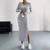 Women's Ribbed Knit Long Dress, Crew Neck, Long Sleeves and Split Hem