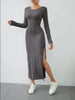 Women's Ribbed Knit Long Dress, Crew Neck, Long Sleeves and Split Hem