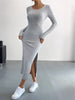 Women's Ribbed Knit Long Dress, Crew Neck, Long Sleeves and Split Hem
