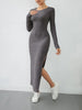 Women's Ribbed Knit Long Dress, Crew Neck, Long Sleeves and Split Hem