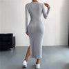 Women's Ribbed Knit Long Dress, Crew Neck, Long Sleeves and Split Hem