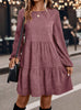 Women's Corduroy-Style Dress, Round Neck, Long Sleeves and Tiered Skirt