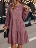 Women's Corduroy-Style Dress, Round Neck, Long Sleeves and Tiered Skirt