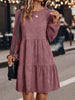 Women's Corduroy-Style Dress, Round Neck, Long Sleeves and Tiered Skirt