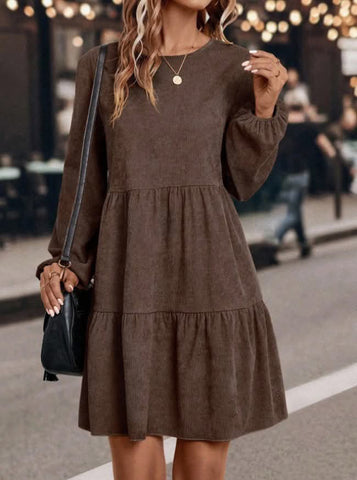 Women's Corduroy-Style Dress, Round Neck, Long Sleeves and Tiered Skirt