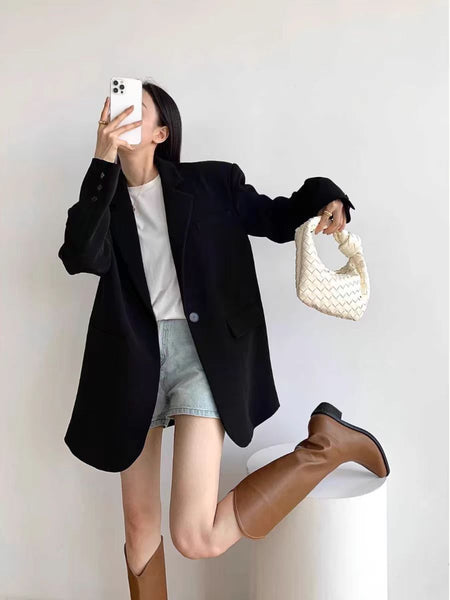 Women's Loose Fit Solid Color Suit Collar Long Sleeve One Button Casual Jacket with Pocket for Winter in Black
