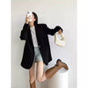 Women's Loose Fit Solid Color Suit Collar Long Sleeve One Button Casual Jacket with Pocket for Winter in Black