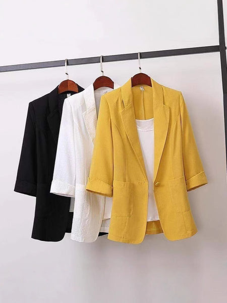 Women's Slim Fit Polyester Solid Color Suit Collar Three Quarter Sleeve One Button Jacket with Buttons for Summer in Black White Yellow
