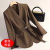 Women's Regular Fit Blended Fabric Striped Lattice Collarless Long Sleeve Tie Up Jacket with Pocket Office Winter Jacket