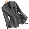 Women's Regular Fit Blended Fabric Striped Lattice Collarless Long Sleeve Tie Up Jacket with Pocket Office Winter Jacket