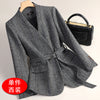 Women's Regular Fit Blended Fabric Striped Lattice Collarless Long Sleeve Tie Up Jacket with Pocket Office Winter Jacket