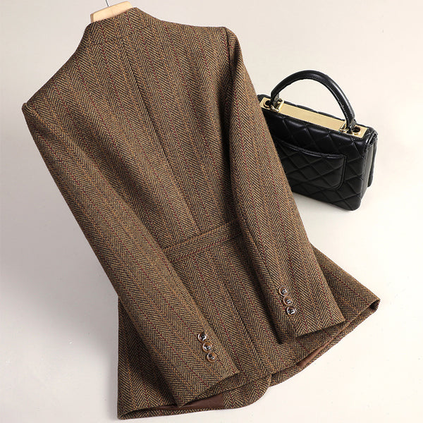 Women's Regular Fit Blended Fabric Striped Lattice Collarless Long Sleeve Tie Up Jacket with Pocket Office Winter Jacket