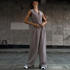 Women's British Style Sleeveless Solid Color Polyester Wide Leg Pants with Buttons for Spring in Black Gray