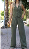 Women's British Style Sleeveless Solid Color Polyester Wide Leg Pants with Buttons for Spring in Black Gray