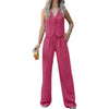 Women's British Style Sleeveless Solid Color Polyester Wide Leg Pants with Buttons for Spring in Black Gray