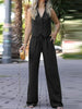 Women's British Style Sleeveless Solid Color Polyester Wide Leg Pants with Buttons for Spring in Black Gray