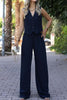 Women's British Style Sleeveless Solid Color Polyester Wide Leg Pants with Buttons for Spring in Black Gray