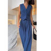 Women's British Style Sleeveless Solid Color Polyester Wide Leg Pants with Buttons for Spring in Black Gray