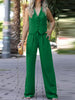 Women's British Style Sleeveless Solid Color Polyester Wide Leg Pants with Buttons for Spring in Black Gray