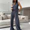 Women's British Style Sleeveless Solid Color Polyester Wide Leg Pants with Buttons for Spring in Black Gray
