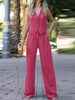 Women's British Style Sleeveless Solid Color Polyester Wide Leg Pants with Buttons for Spring in Black Gray
