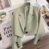 Women's Loose Fit Solid Color Polyester Jacket with Suit Collar Long Sleeves and Single Row Multiple Buckle Closure for Office in Spring