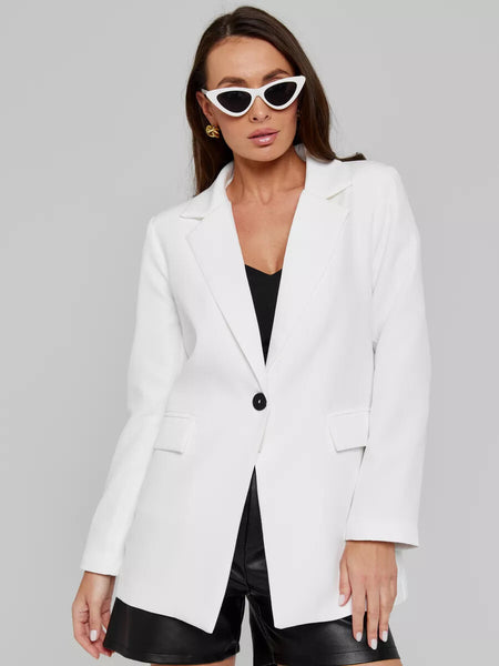 Women's Loose Fit One Button Polyester Solid Color Suit Collar Long Sleeve Jacket with Pocket for Elegant Spring Look in Black